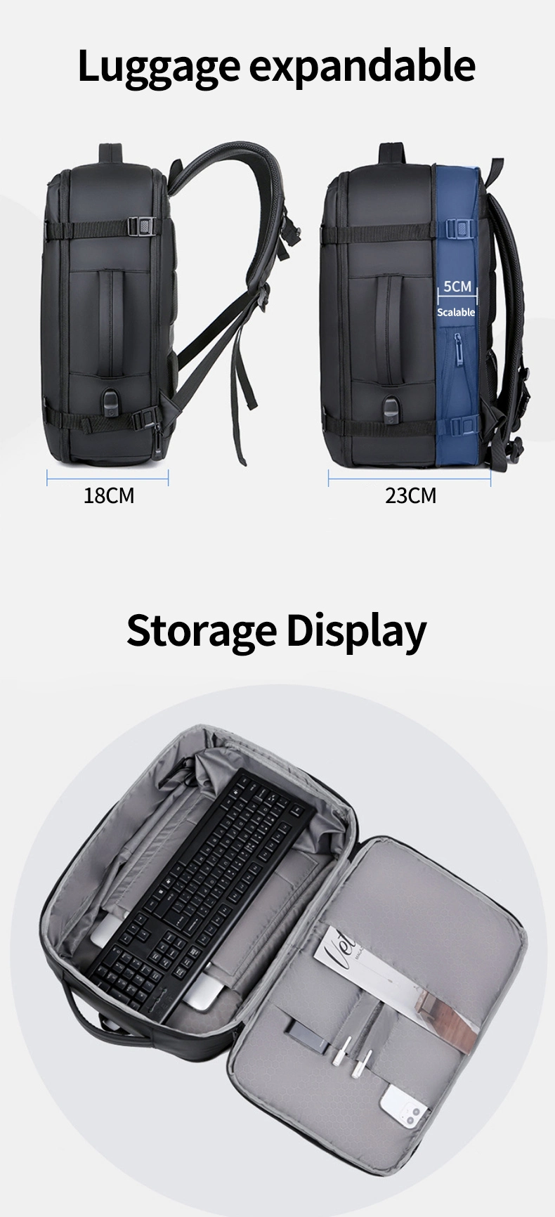 Large USB Charging 17.3 Laptop Waterproof Business Travel Backpacks Bag for Men